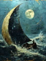 man boat ocean full moon expressive rustic oil torn sails triumphantly
