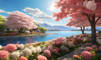 a garden full of blooming flowers, with a blue sky, a lake, blooming trees.