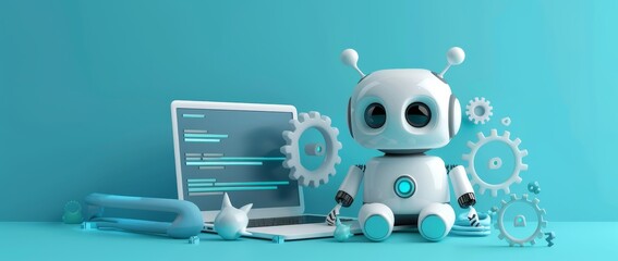 3D render of a cute white robot with gears coming out from a laptop screen and code on a blue background, concept for coding or artificial intelligence design in the style of vector style.