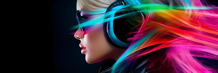 Futuristic dj with neon light streams and energetic blend of edm and techno music in contemporary fashion style