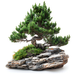  meticulously crafted bonsai tree growing from a bed of layered rocks on a white background - obrazy, fototapety, plakaty