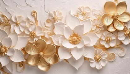 light decorative texture of a plaster wall with voluminous decorative flowers and golden elements