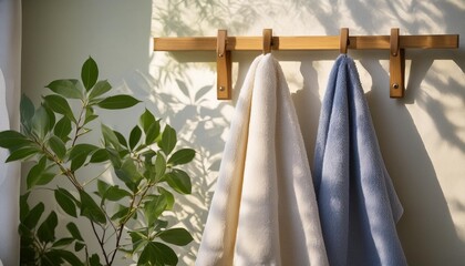 terry white towel template on a wooden hanger hanging towelling for design branding presentation home decor for wiping after a shower towelette mockup isolated on background product photography