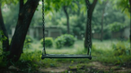 A serene scene of a child's empty swing, gently swaying in the breeze, evoking the absence of laughter and play on World Day Against Child Labor.
