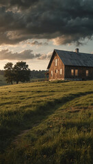 Modern farmhouse on a meadow hill
