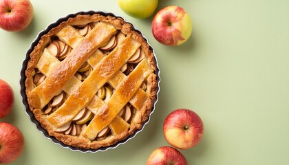 apple pie with apples on solid color background
