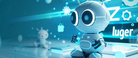 3D illustration of a robot and laptop with gears on a blue background, a chatbot for a support service or customer care platform concept