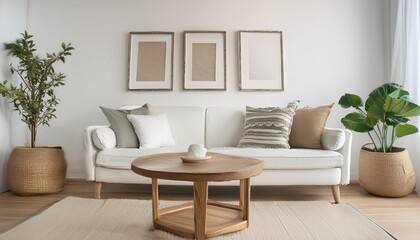 round wooden coffee table near white sofa against of white wall with three art frames scandinavian style