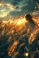 woman walking field tall grass gorgeous golden glistening volumetric light scattered flakes harvest sun fireflies flying evening dusk sunlit