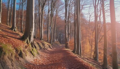 forest path in beautiful autumn light with rays of sunlight blue sky and tall colorful beech trees