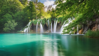 turquoise pond surrounded by foliage with water smoothed in motion flowing over rock in croatia