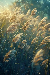 grass blowing wind scattered golden flakes bullrushes high details dreamy lighting attribution raining cotton princess phragmites