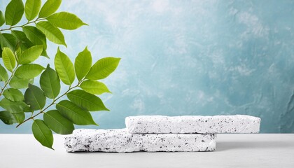 cosmetic beauty product presentation with tree branch leaves plant and white stone slabs podium object placement 3d rendering