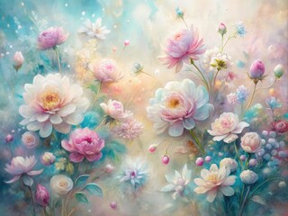 Dreamy, ethereal scene of soft pastel flowers, perfect for backgrounds in bridal or fashion design, or as decorative wall art