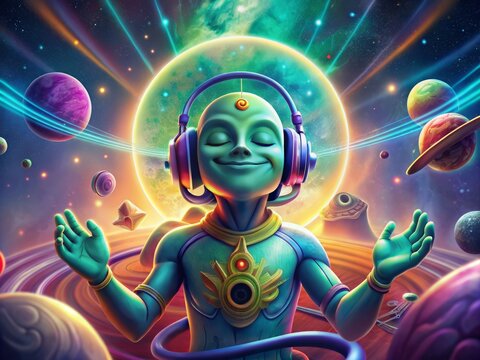 An alien figure meditating in a cosmic environment in a vibrant psychedelic style. Perfect for use in multimedia projects or themed decor