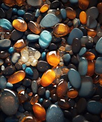 Close-up of smooth, colorful pebbles with vibrant hues and a glossy finish, symbolizing tranquility and balance.