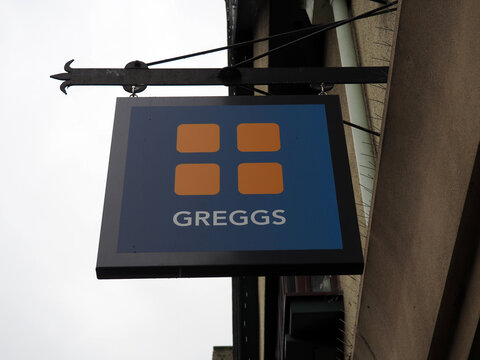 Chester. Cheshire, United Kingdom  - 20 March 2024 : Sign outside a Greggs Bakery shop in Chester