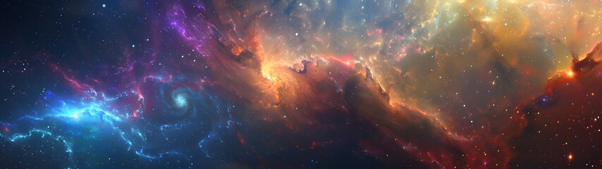 Stunning capture of a vibrant galaxy with swirling colors in space, wide banner