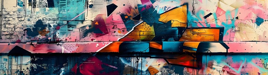 Vibrant abstract painting featuring explosive colors and urban elements, gritty textures and industrial element, geometric pattern, wide banner