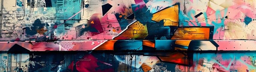 Fototapeta premium Vibrant abstract painting featuring explosive colors and urban elements, gritty textures and industrial element, geometric pattern, wide banner