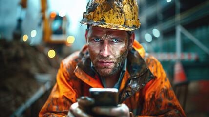 Dirty male construction worker using a smartphone