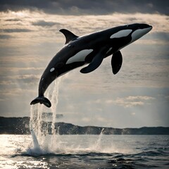 A scene of a killer whale jumping in the summer sea.