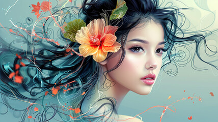 beautiful art, lady with nice hair and flower, vector illustration.