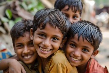 Group of indian kids looking at camera with smiles. Selective focus.