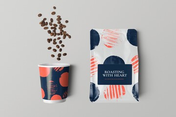 Abstract coffee bag and paper cup, product packaging, flat lay design