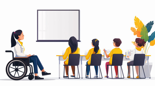 Teacher in a wheelchair teaches a class in a school that promotes inclusive education and inclusive work practices