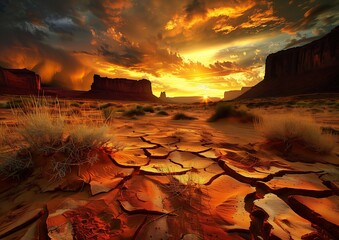 desert landscape sunset few clouds cracked earth stunning city dry matte zoomed out hell heaven