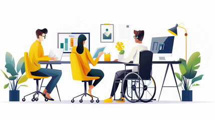 illustration Brainstorming Inclusive coworking workspace team meeting with a wheelchair user