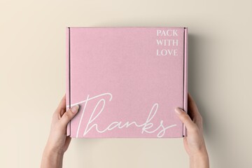 Pink box, product packaging flat lay design, thanks text