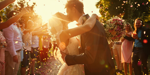 A beautiful bride and groom kissing while guests cheer with confetti, celebrating their wedding