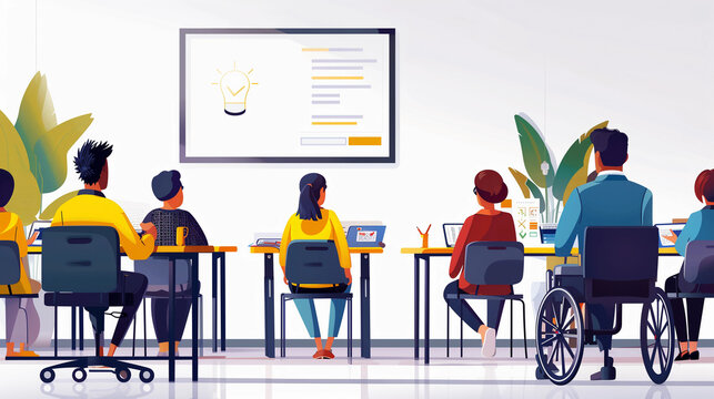 illustration conference room Brainstorming office Inclusive coworking workspace team meeting with a wheelchair user 