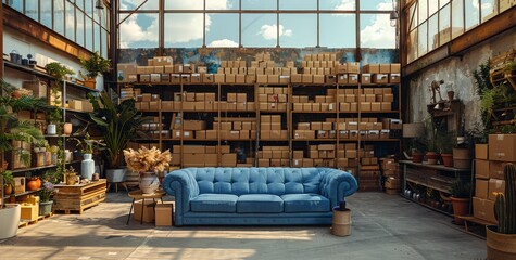 3D rendering of cardboard boxes stacked on top of each other, with furniture and home decor inside the storage unit, including a blue sofa surrounded by moving boxes, under a sky background with cloud