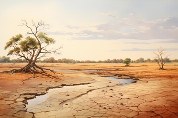 A painting of a vast, arid desert landscape
