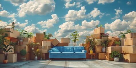 3D rendering of cardboard boxes stacked on top of each other, with furniture and home decor inside the storage unit, including a blue sofa surrounded by moving boxes, under a sky background with cloud