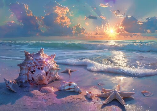 shell starfish beach sunset gorgeous shimmer lilac dawn foamy waves everlasting summer shells soft skies opalescent paradise break conch sun glints