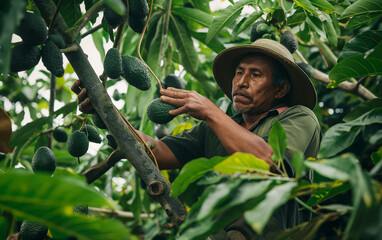 A man harvesting avocados in tall tree in a avocado plantation, avocado harvesting season. Generative AI.