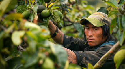 A man harvesting avocados in tall tree in a avocado plantation, avocado harvesting season. Generative AI.