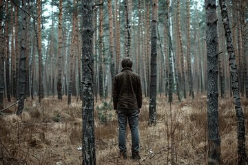 Lonely lost man standing in the forest in the middle of nowhere, rear view. Stalker concept