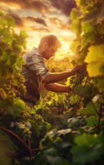 A man harvesting green grapes in a grape plantation with a beautiful view of a sunset in the background, harvesting season, grape harvesting season. Generative AI.