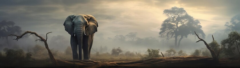 An elephant stands in the middle of a savanna. The sun is setting behind it. The elephant is silhouetted against the sky.