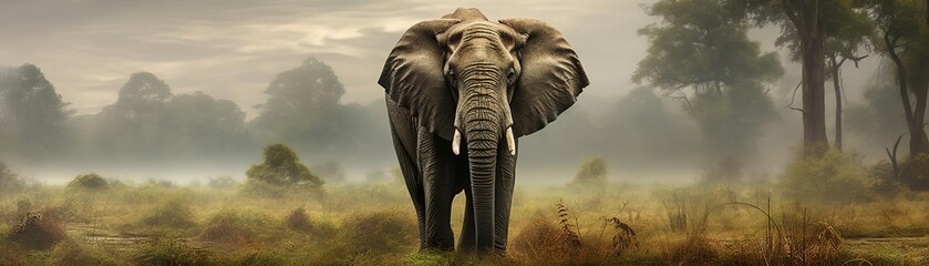 Naklejka premium An elephant stands in the middle of a savanna. The elephant is facing toward the viewer and is surrounded by tall grass. The background is a blur of trees and the sky is overcast.