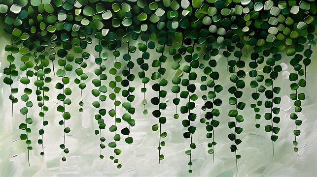 green leaves hanging ceiling room deep bubbles twisted vines loosely cropped glass beads clad flat brush white canvas background ponds sheer