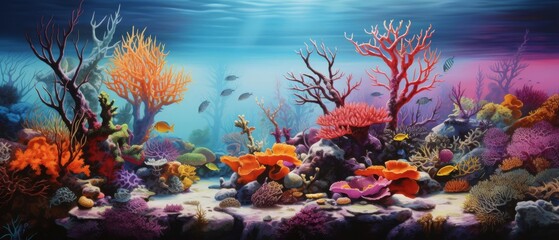 The vibrant hues of a dying coral reef, express the contrast between life and destruction vividly with realistic details and a sorrowful atmosphere in oil painting