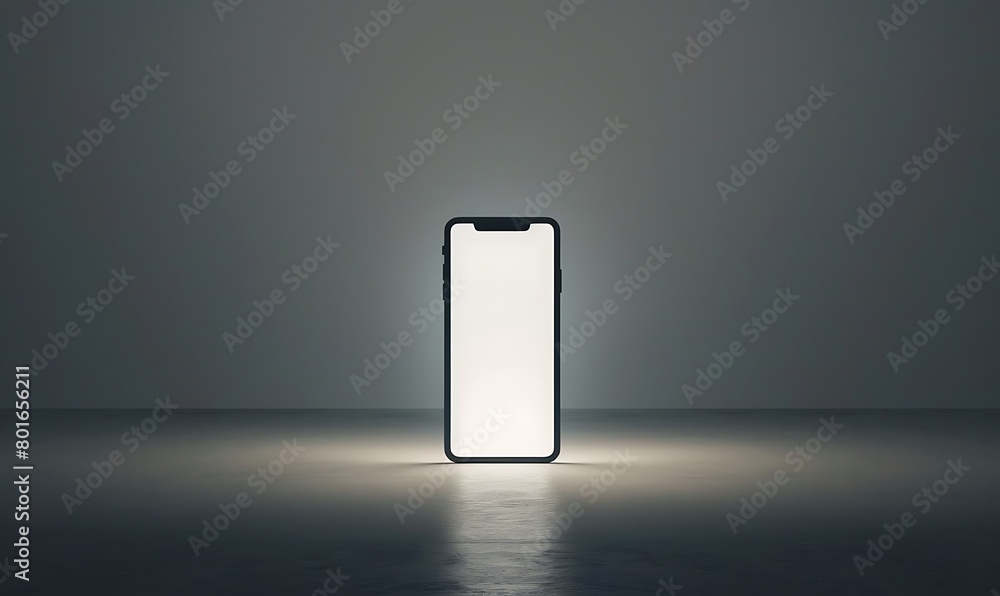 Aufkleber a scene where a handphone mock-up stands out against a white screen in a minimalist studio setup