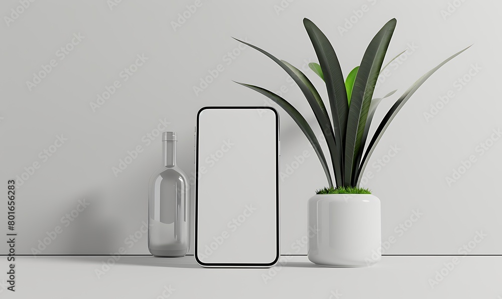 Aufkleber a scene where a handphone mock-up stands out against a white screen in a minimalist studio setup