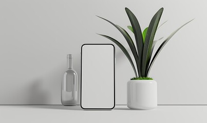 a scene where a handphone mock-up stands out against a white screen in a minimalist studio setup